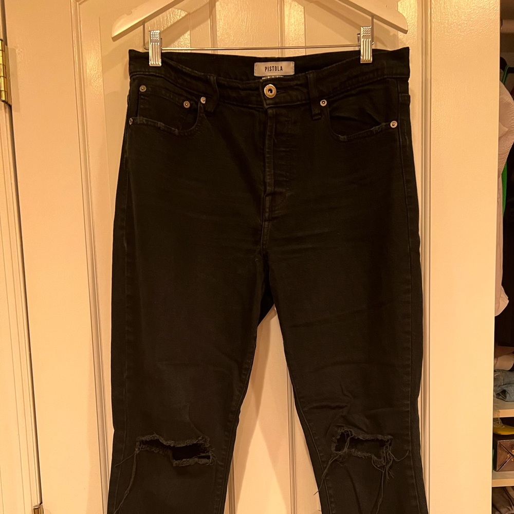 Pistola Black High Rise Button Fly Ripped Straight Leg Jeans